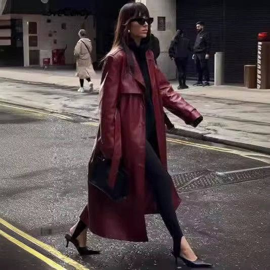 Women's Fashionable Loose Fit Long Leather Trench Coat