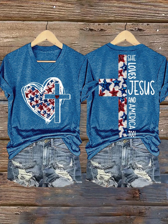 Women's She Jesus And Love America Too!  Print V-Neck T-Shirt