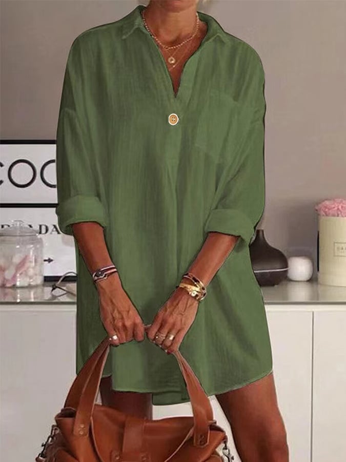 Women's Cotton Linen Casual V-neck Medium Sleeve Shirt