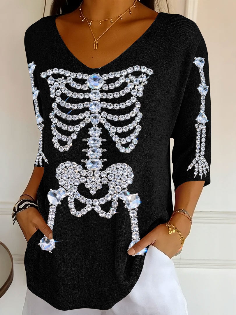 🔥Buy 3 Get 10% Off🔥Women's Halloween Diamond Skeleton Print V-Neck T-Shirt