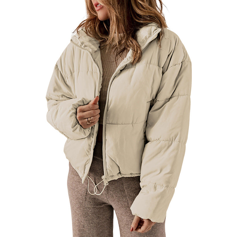 Casual All Matching Solid Color Warm Keeping Cotton Padded Coat Women Winter Stand Collar Thick Zipper Jacket Women