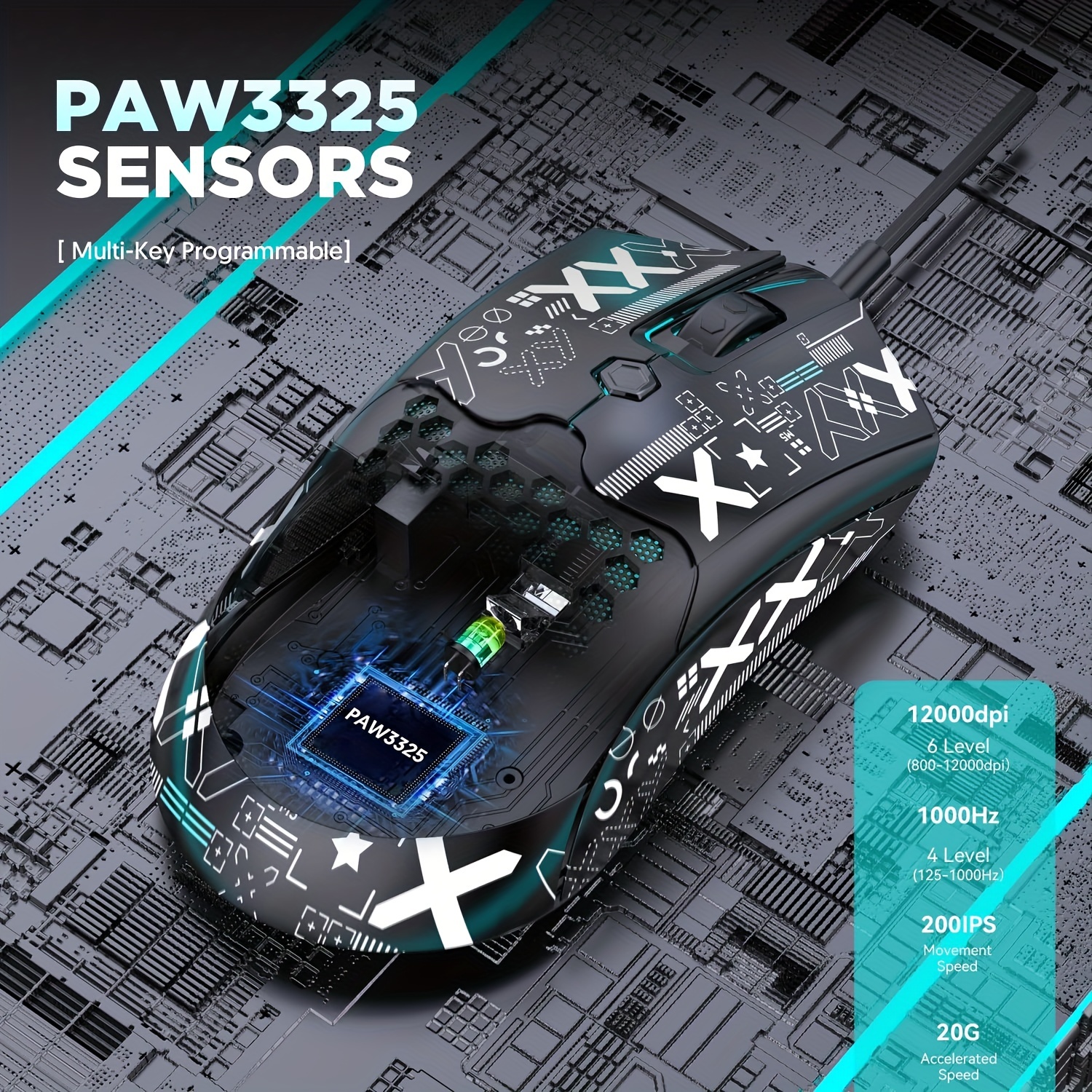 M5 Ultralight Wired Gaming Mouse, Lightweight Honeycomb Shell, Pixart PAW3325, 6 Adjustable DPI 12000, 26 RGB Breathing Backlit Mice, 65g, USB Optical Model O Mice For Win11/Xbox/PS/Mac