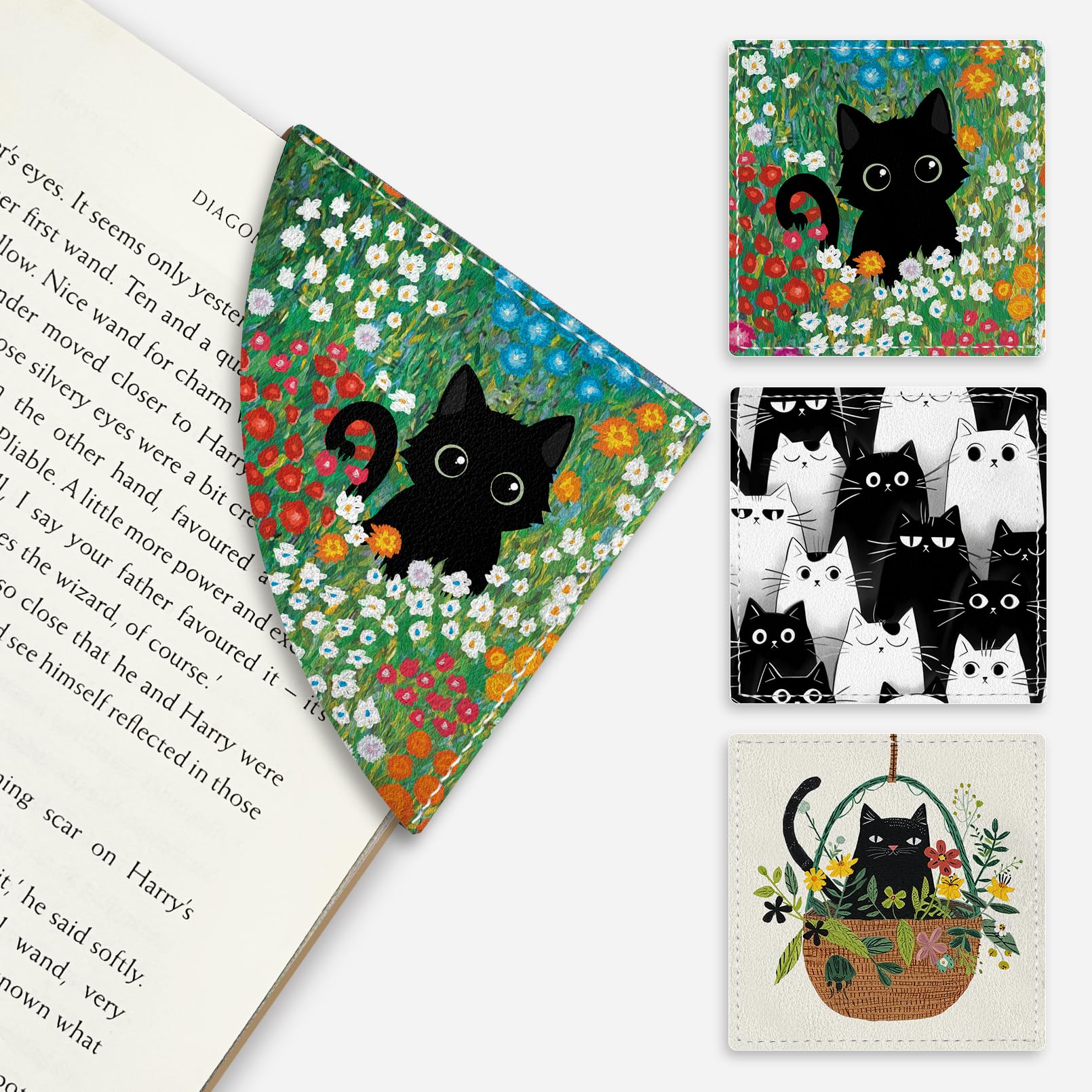 🔥ON SALE🔥3 Pcs Cute Black Cat Floral Corner Bookmarks - Funny Leather Book Accessories for Book Lovers