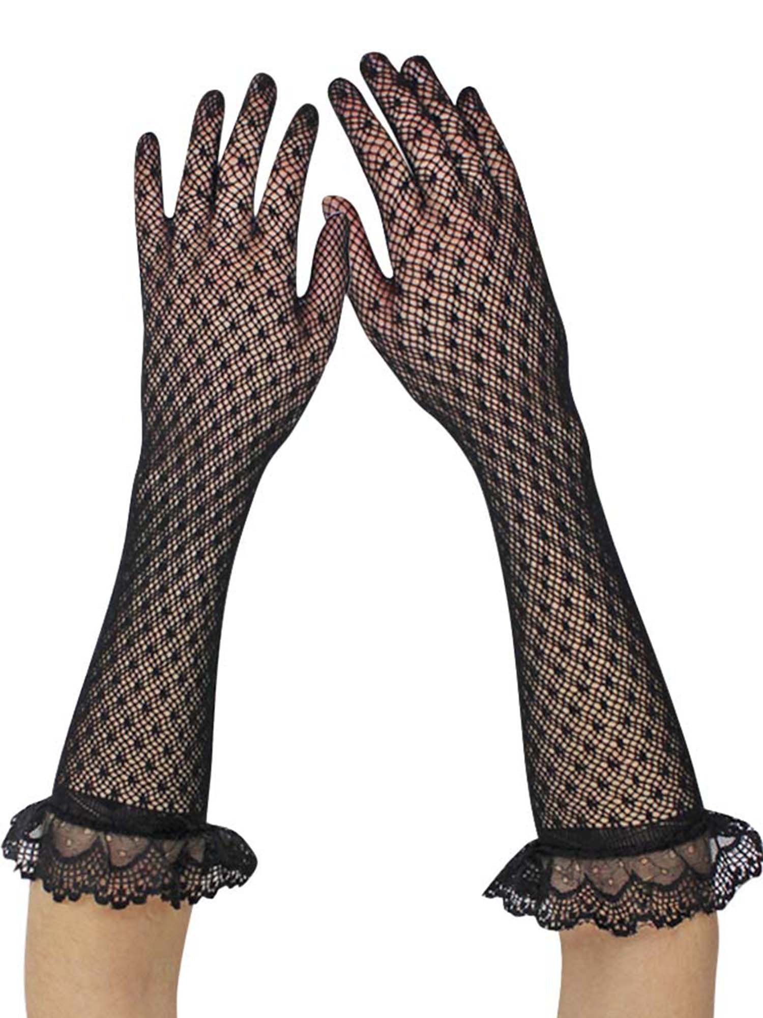 Black Ruffle Womens Long Lace Gloves