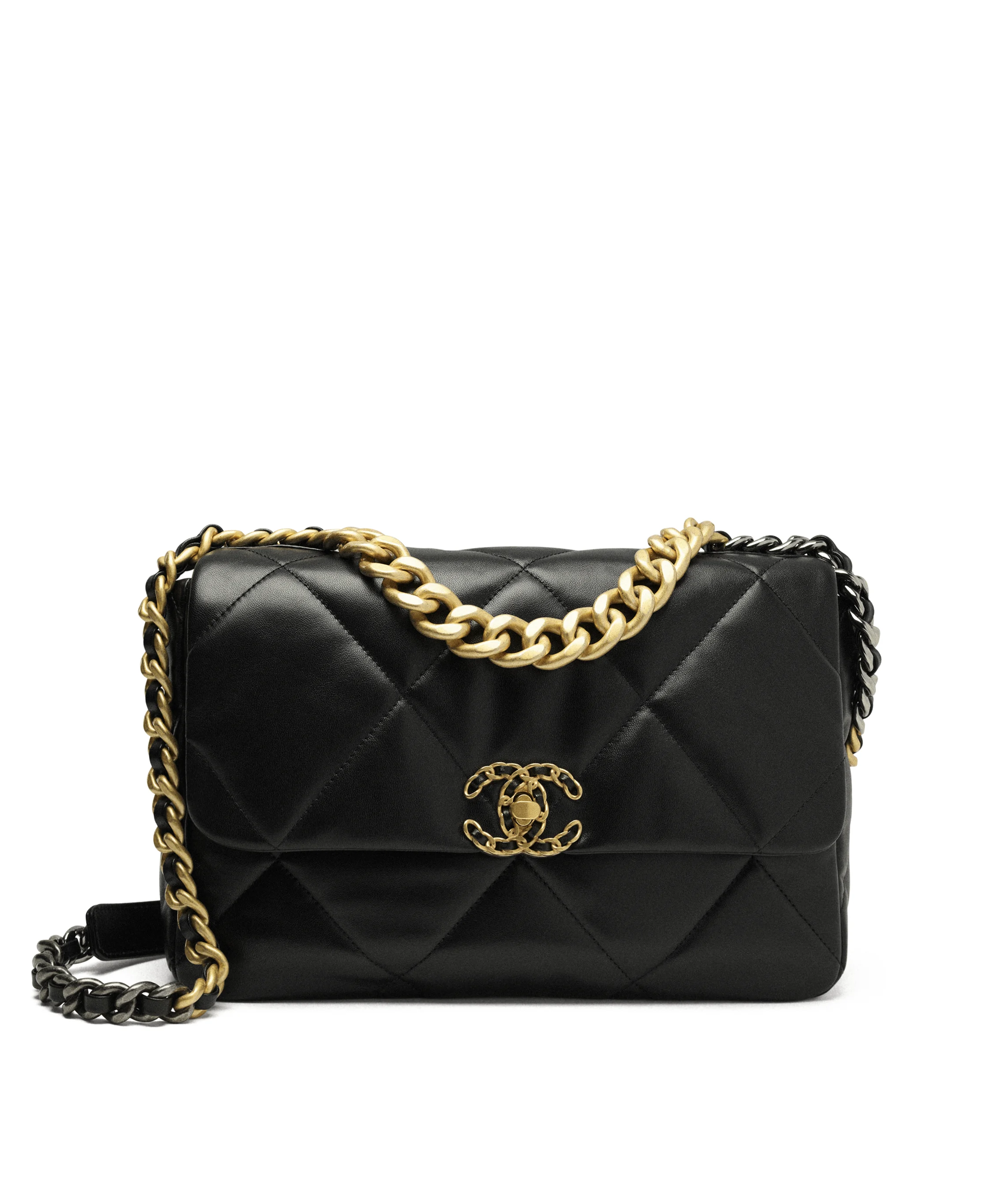 CHANEL 19 Large Handbag Shiny Lambskin, Gold-Tone, Silver-Tone & Ruthenium-Finish Metal Black AS1161-B04852-94305