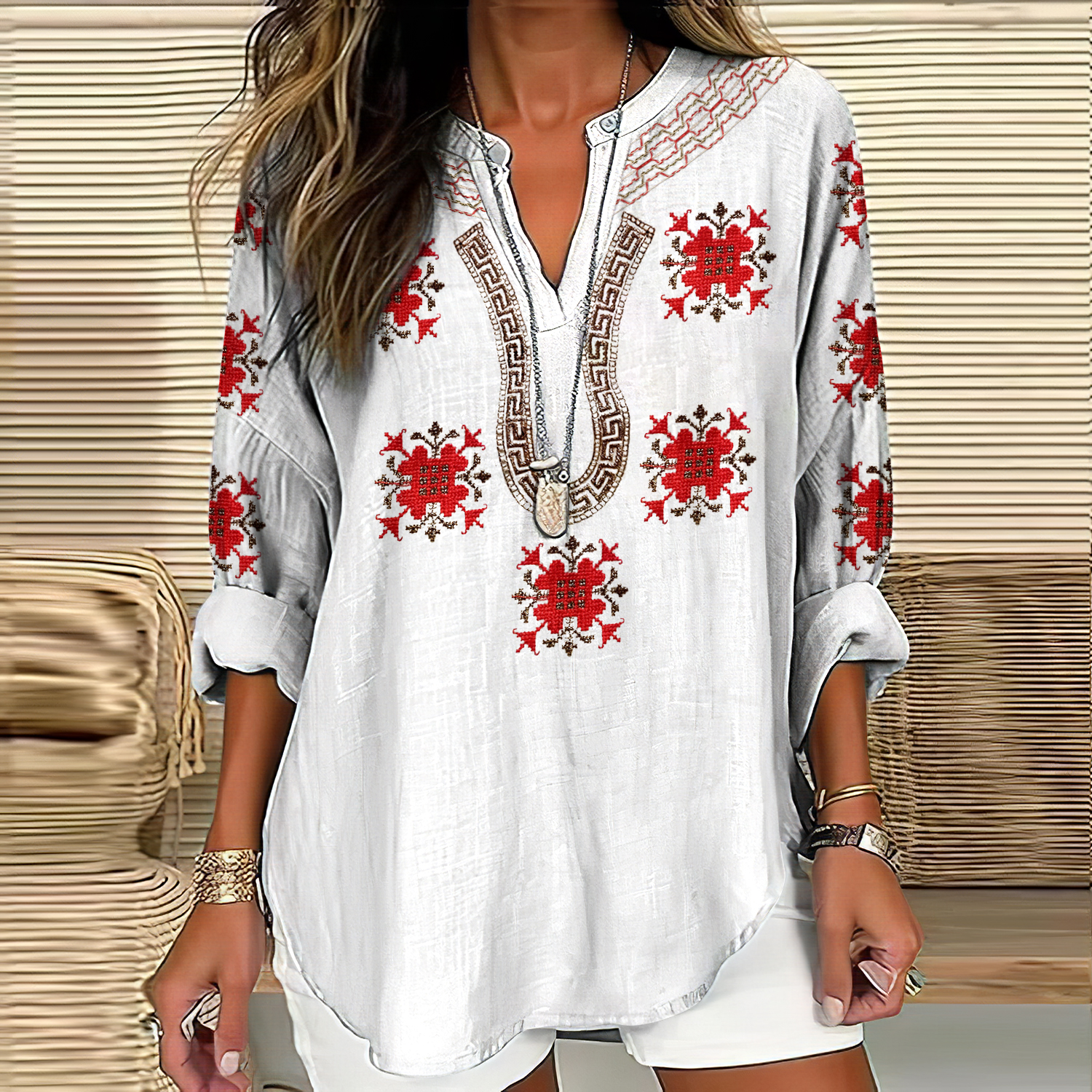 Vintage Cretan Pattern V-neck Linen Blend Blouse