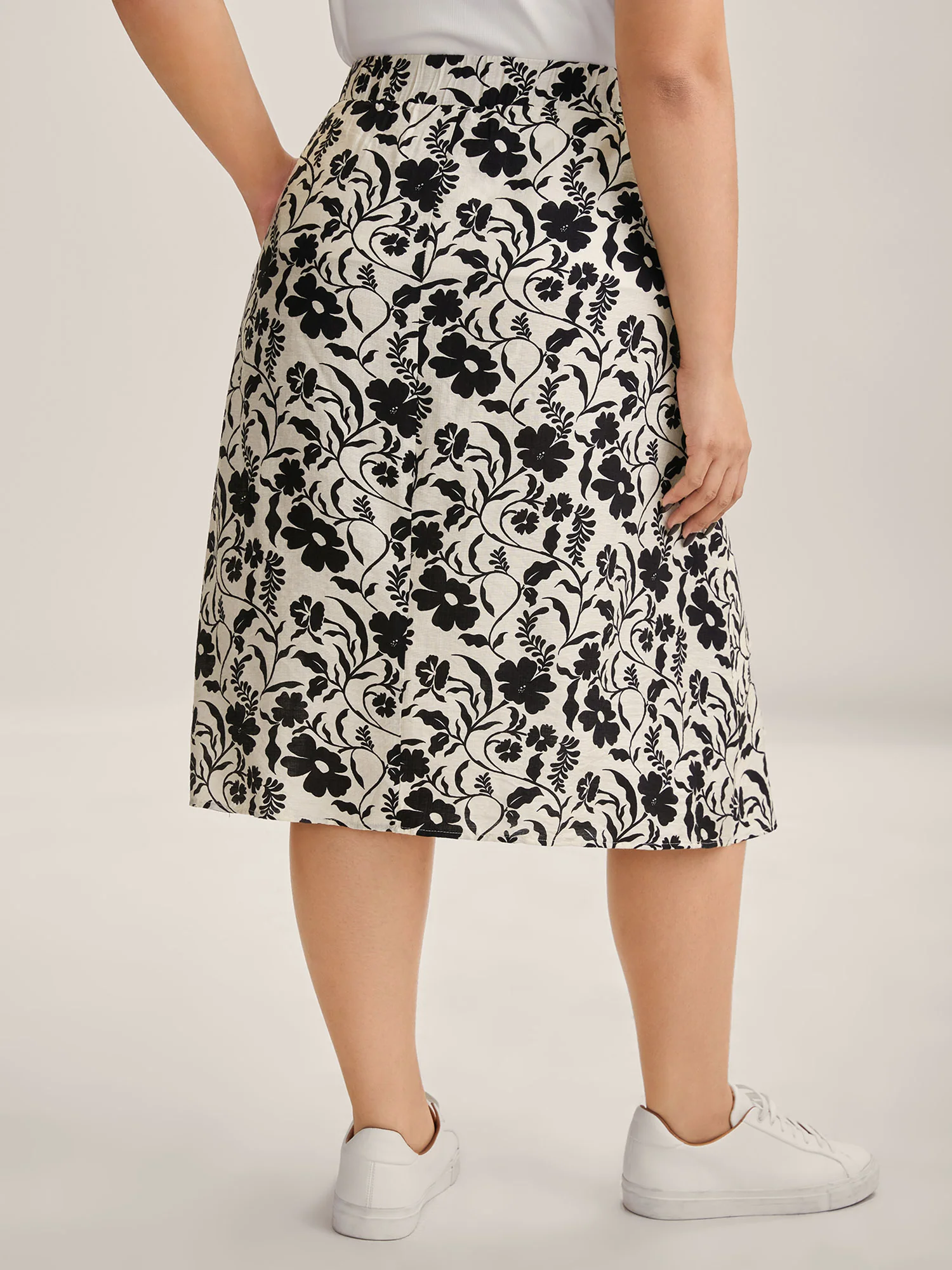 Floral Print Belted Midi A-Line Skirt