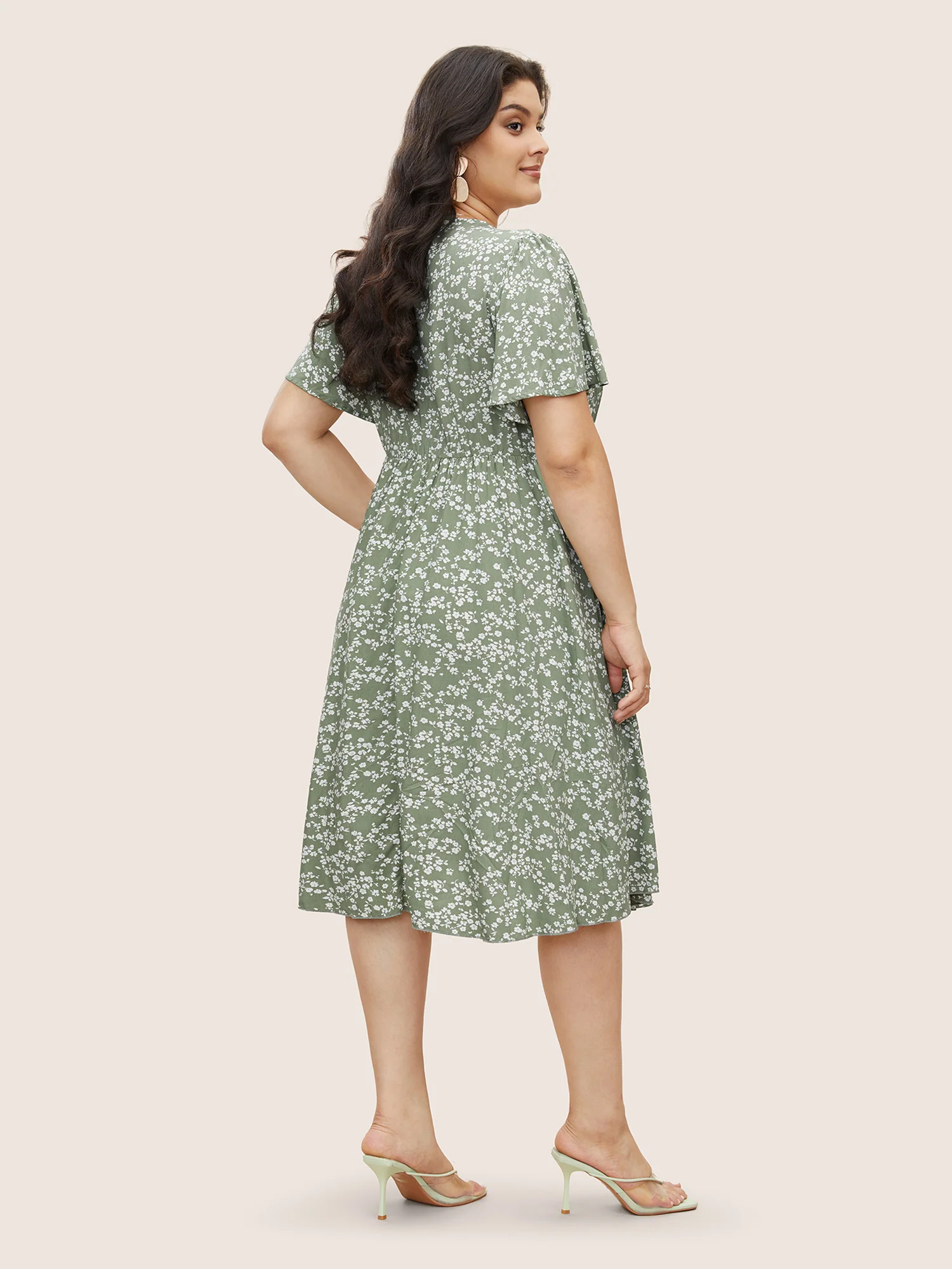 Bloom Dress - Ditsy Floral Elastic Waist Ruffles Pocket Knee Dress