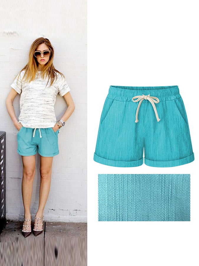 Women's Casual Solid Tie Slub Cotton Shorts