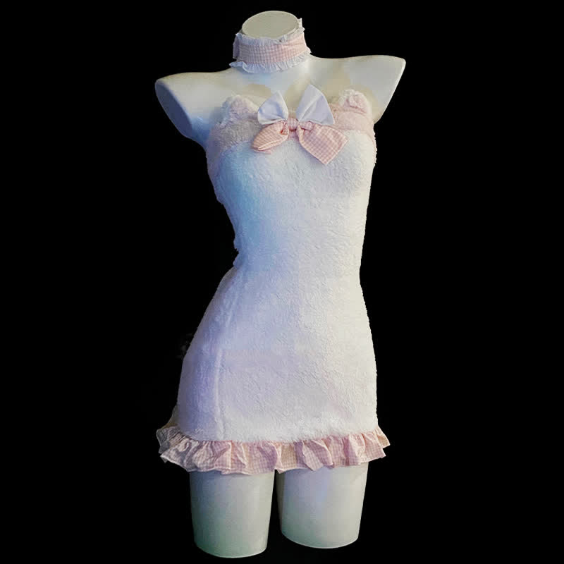 Kawaii Bow Knot Fuzzy Maid Apron Dress Lingerie