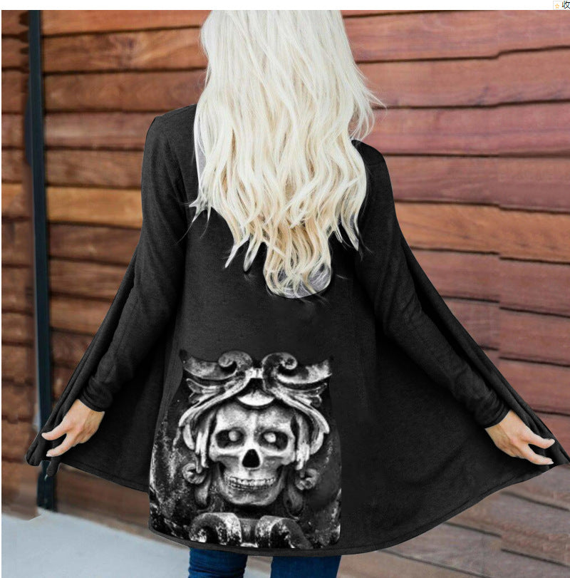 Women's Fashion Long Sleeve Cardigan Coat Top with Halloween Skull Print