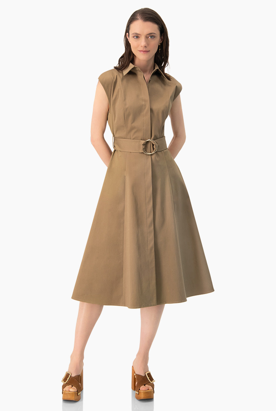 Vestido midi liso cuello camisero