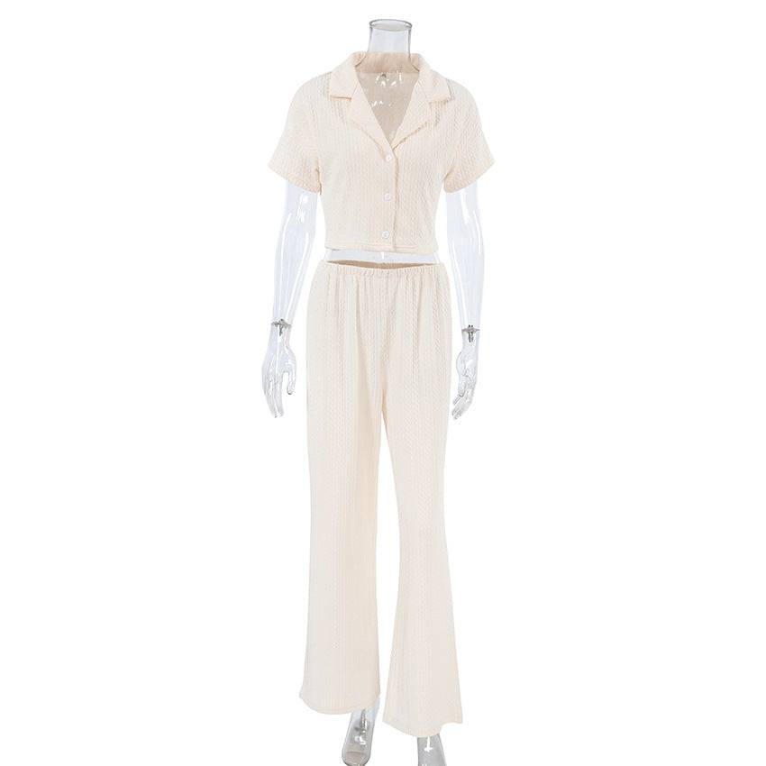 Spring Summer Pajamas Suit Fashionable Knitted Short Sleeved Trousers Hollow Out Cutout Home Wear Women Comfortable