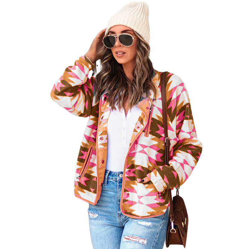 Women's Fleece Jacket with Western Style Color Matching