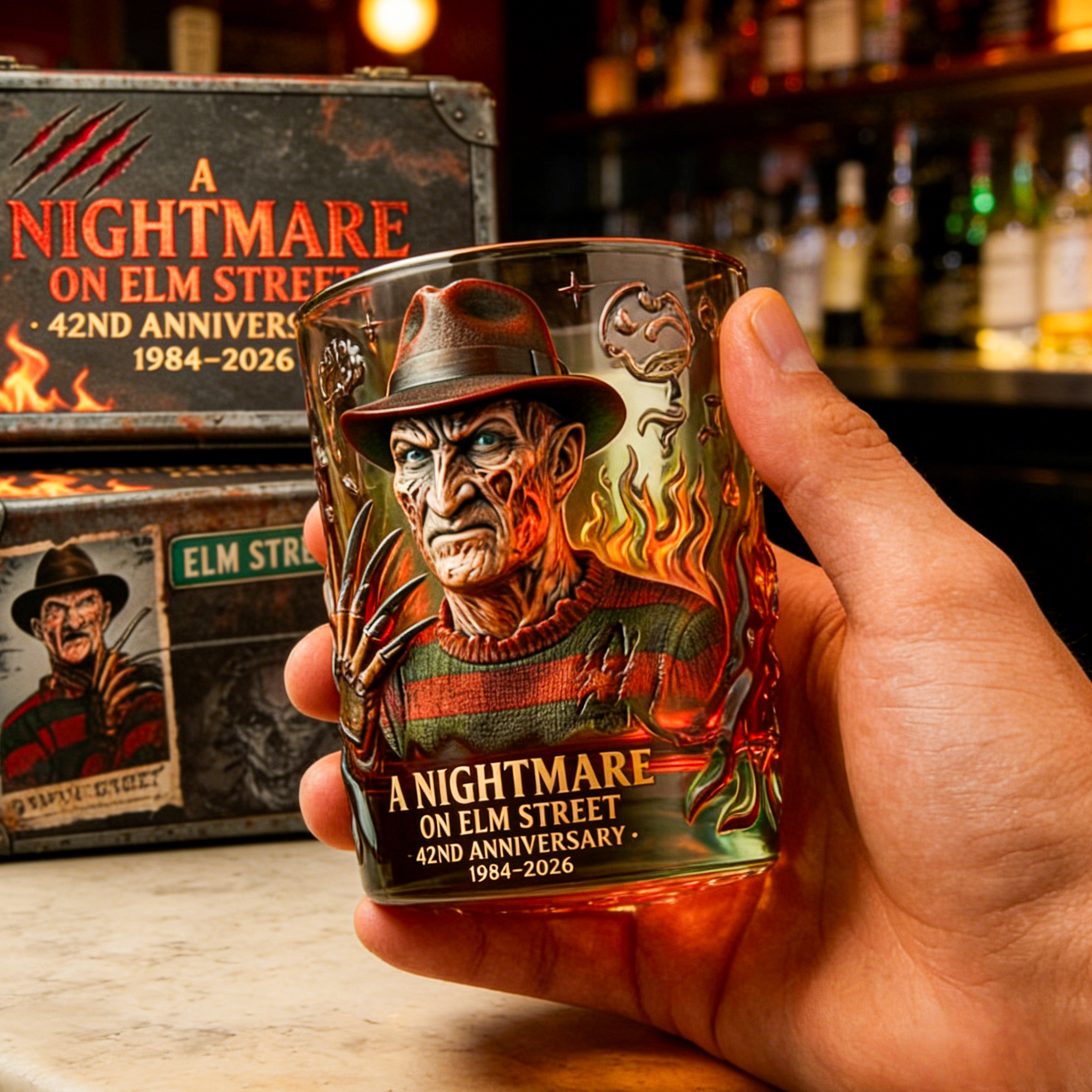 A Nightmare on Elm Street 42nd Anniversary Collectible Whiskey Glass