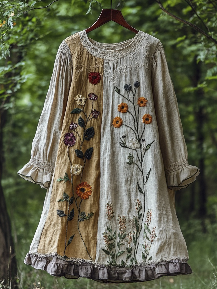 Forest Flower Embroidery Ruffle Women's Linen Dress