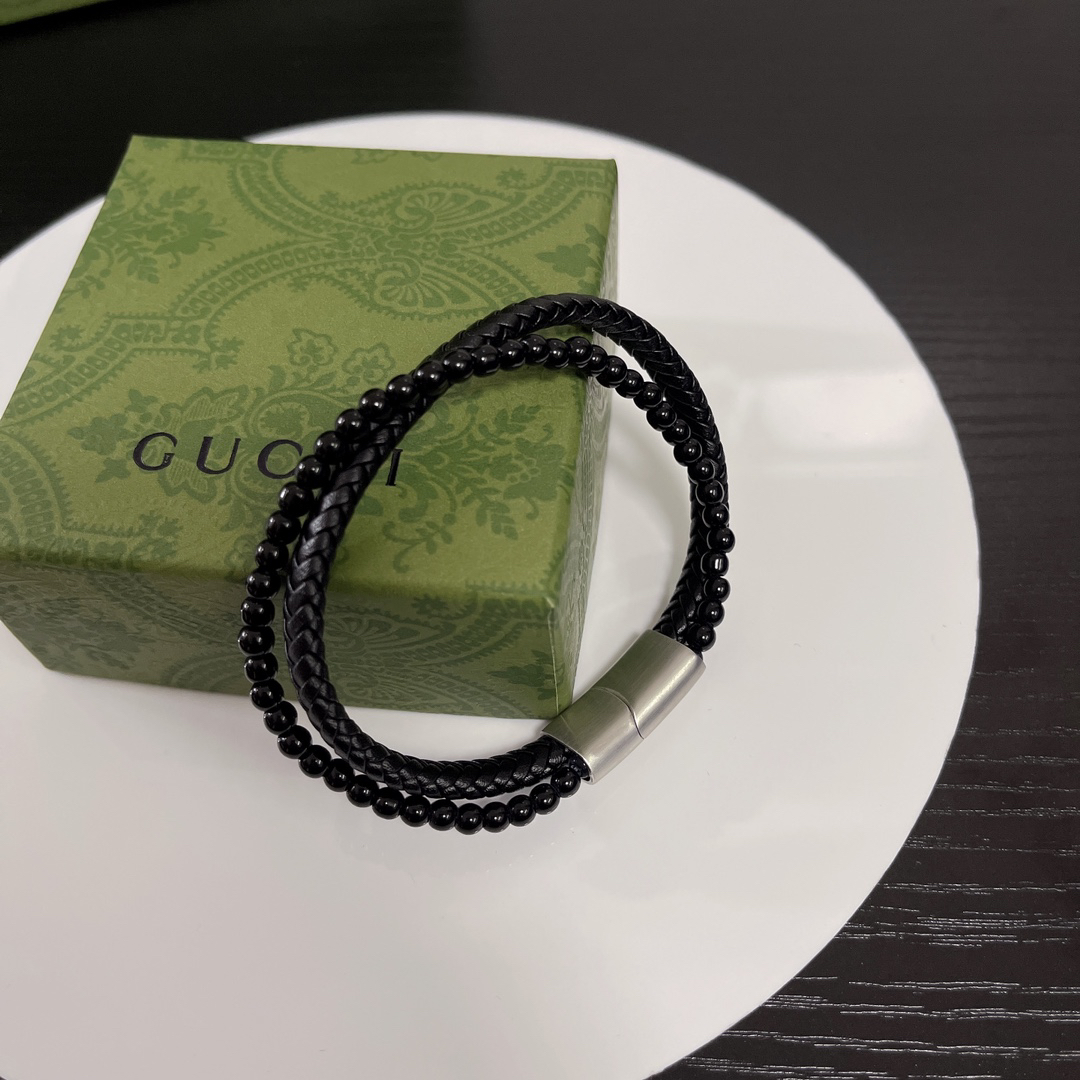 Gucci Braided Leather & Black Beads Bracelet