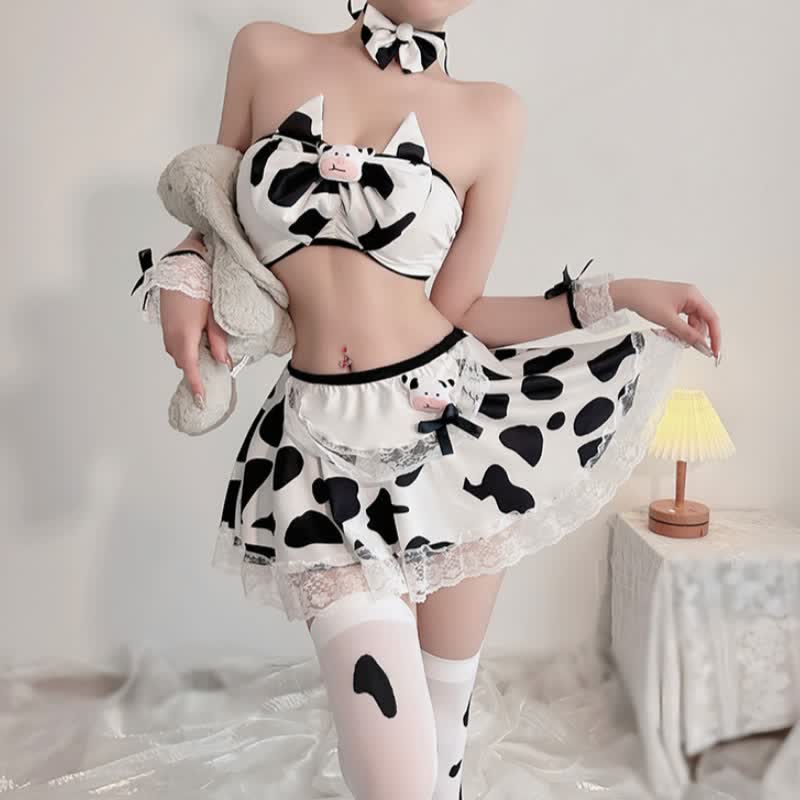 Cow Bow Lace Lingerie Set