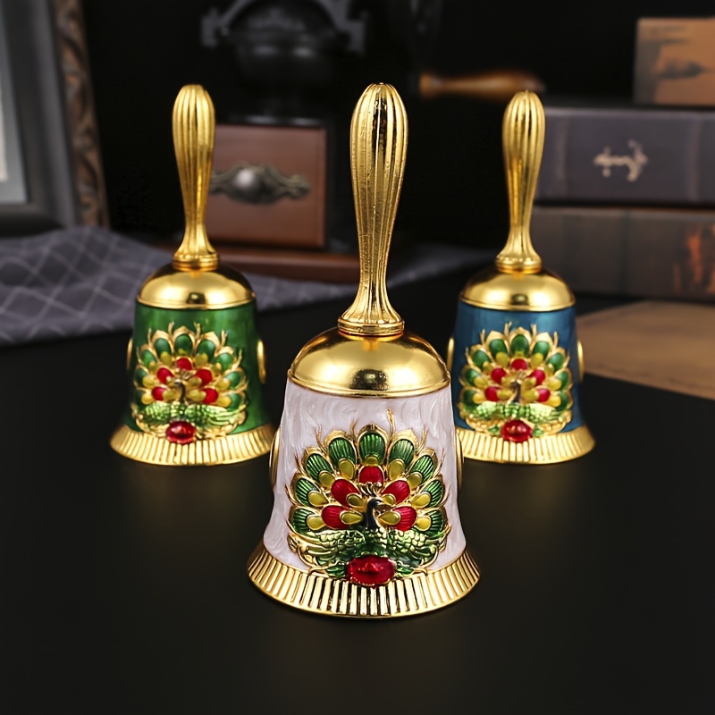 🦚🔔Handmade Peacock & Floral Antique Handbells – Vintage-Inspired Metal Bells