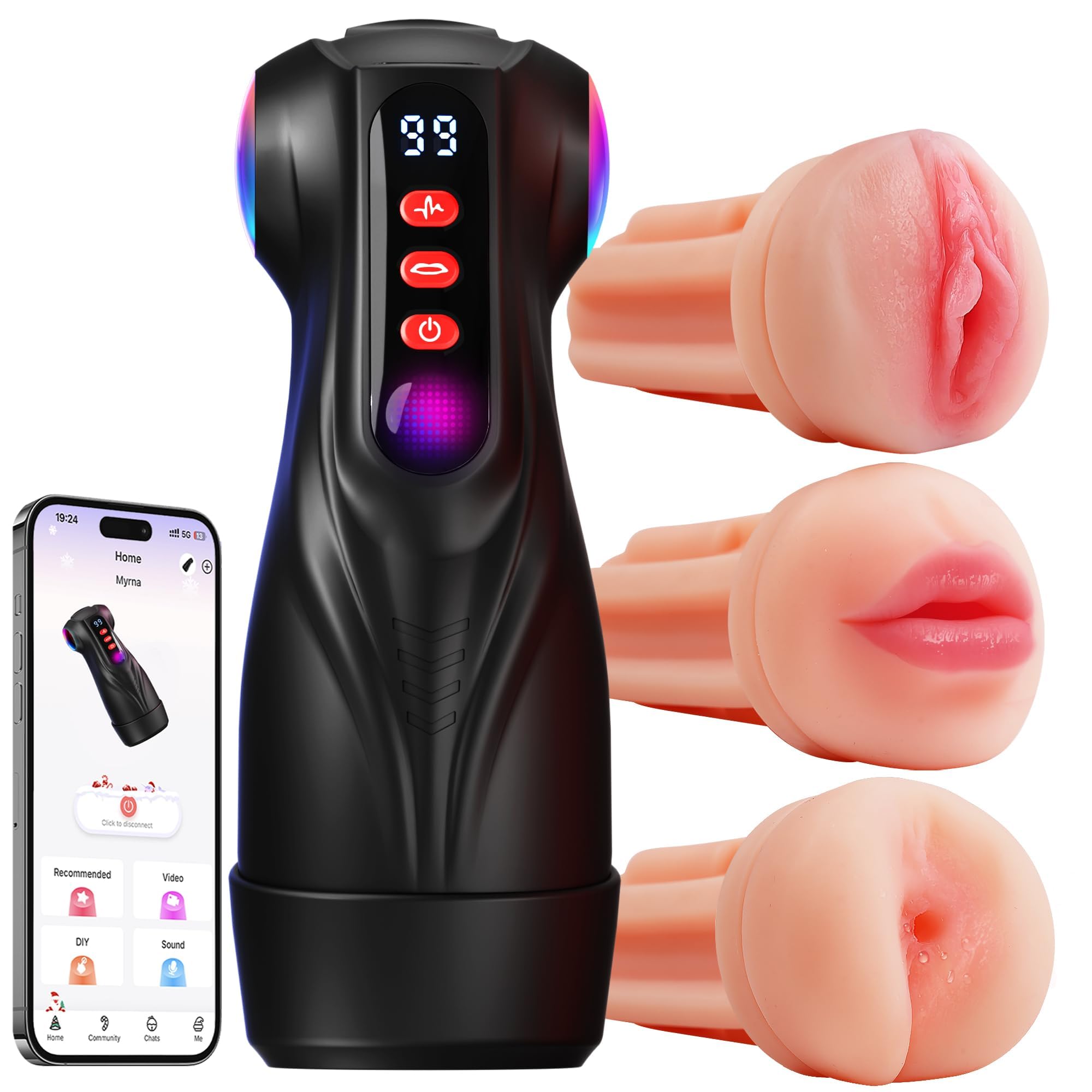 Male Masturbator Sex Toys for Men - 3 Sleeves Sets AI Sync Pocket Pussy Penis Pump with 9 Sucking & 9 Vibrating, APP Control Mens Sex Toy Adult Toys, Colorful Lighting Stroker Blowjob Machine