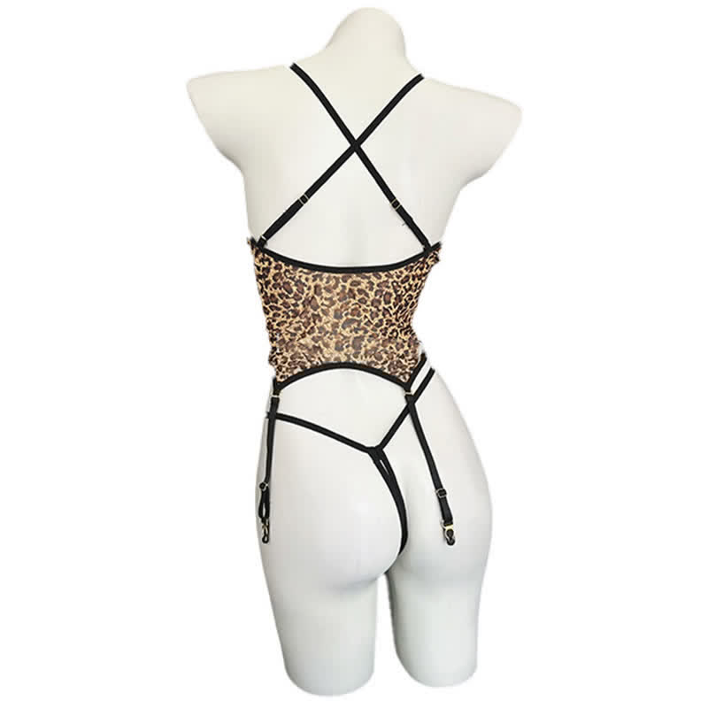 Leopard Print Deep V-neck Hollow Out Sexy Lingerie