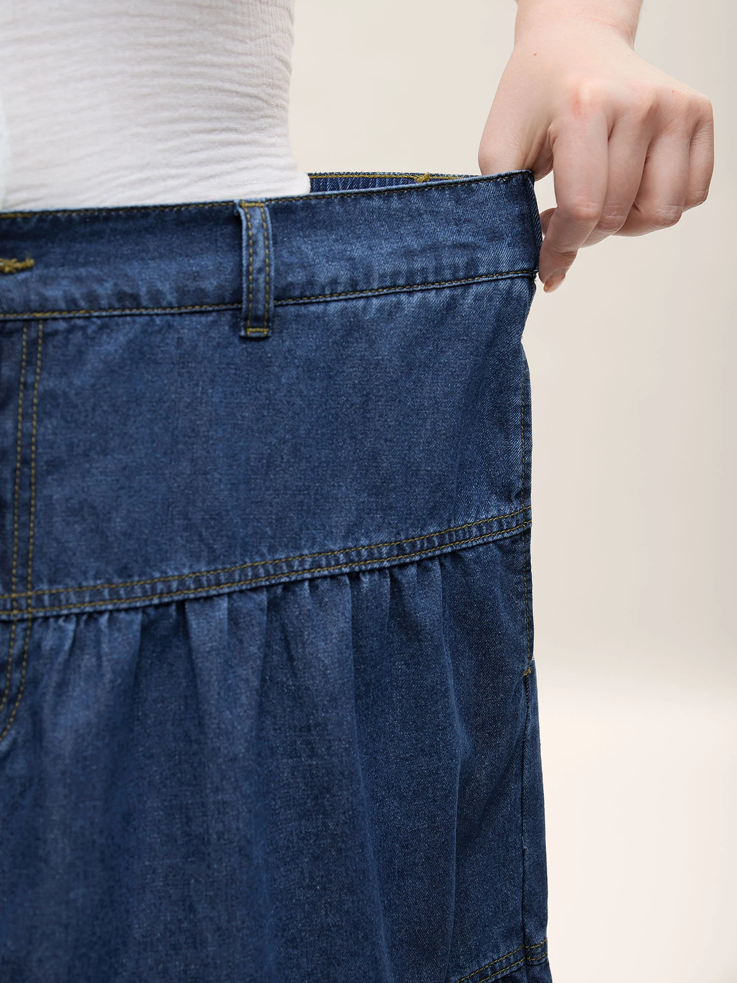 Seamed Tiered A-Line Denim Maxi Skirt