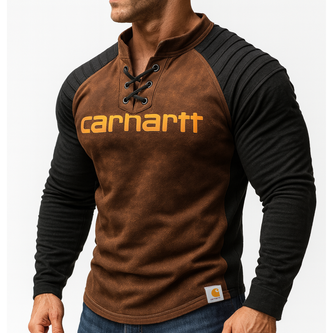 Men's Vintage Western Cowboy Suede Color Block Lace-up Stand Collar Raglan Sleeve Long Sleeve T-Shirt