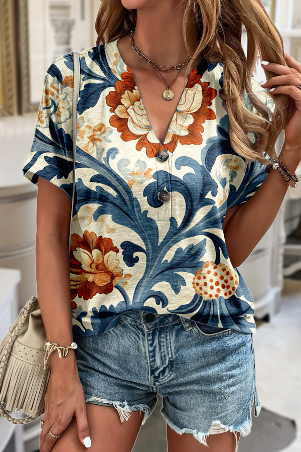 Vintage Floral Print V-Neck T-Shirt