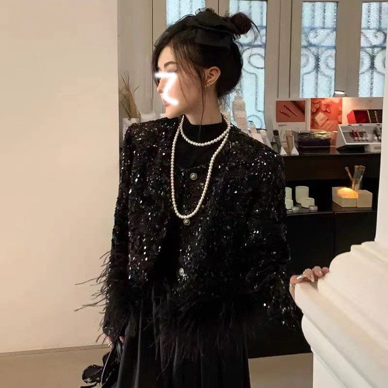 Fashion Sequin Ostrich Hair Coat Top with Hook for Women