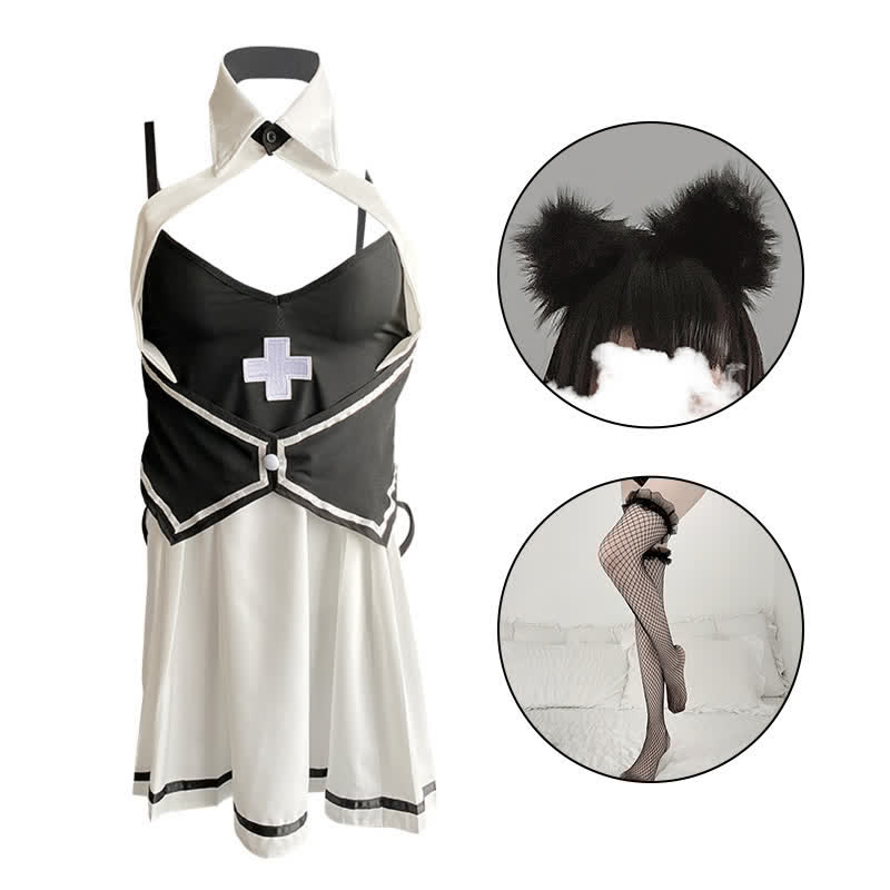 Cosplay Nurse Hollow Out Split Lingerie Stockings Set