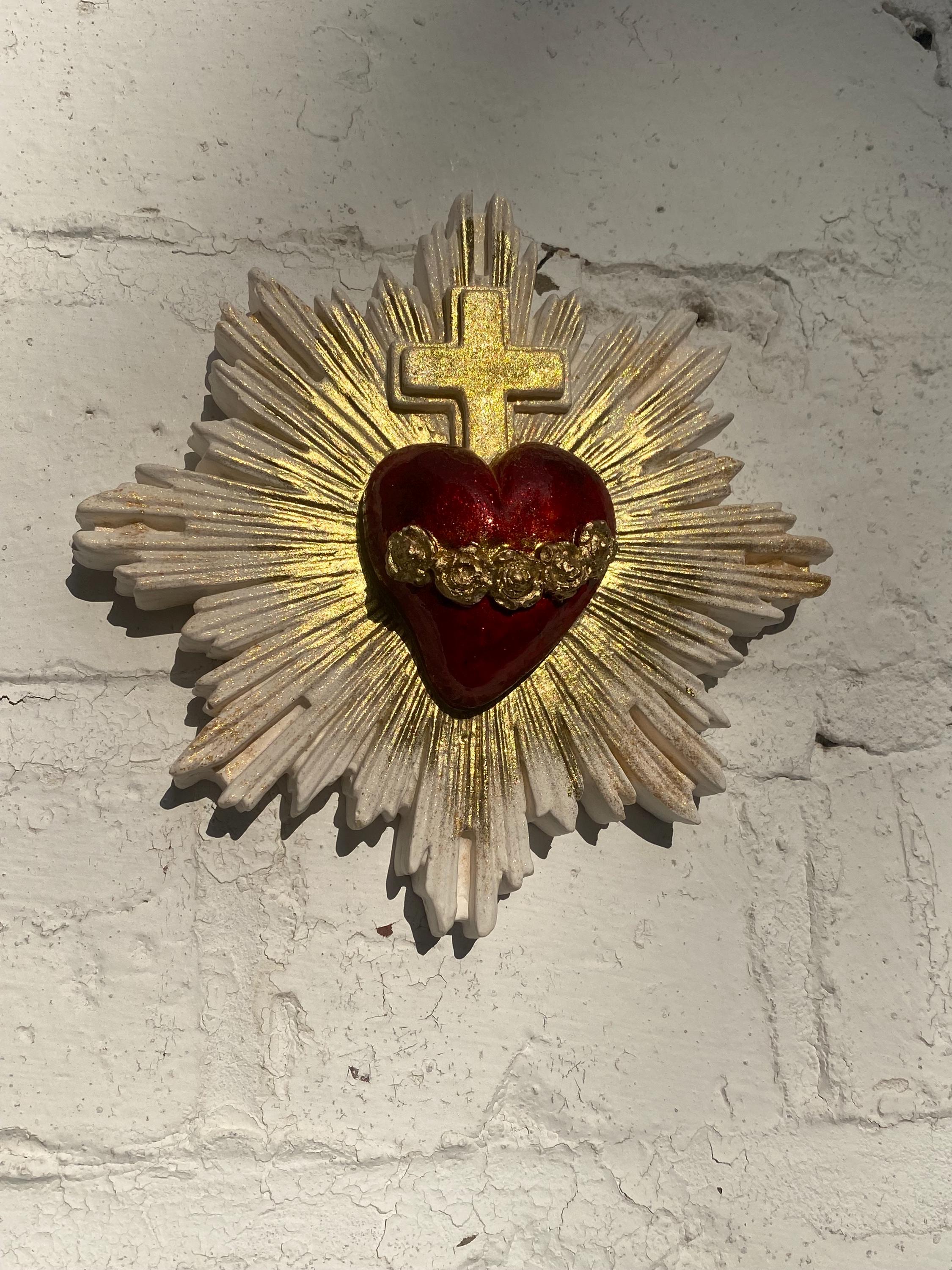 Sacred Heart Wall Decor, Milagro Heart, Flaming Heart & Cross, Handmade.