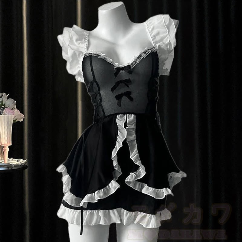 See-through Backless Bow Lace-up Lingerie Dress