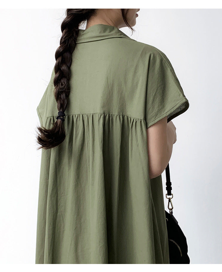 Summer Dress Women Pullover Short Sleeve Linen Solid Color Loose Lapels Casual Shirt Dress