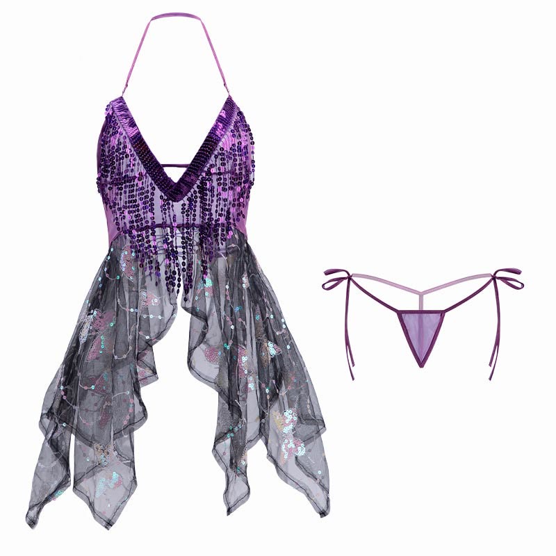 Deep V-neck Sequin Butterfly See-through Lingerie Set