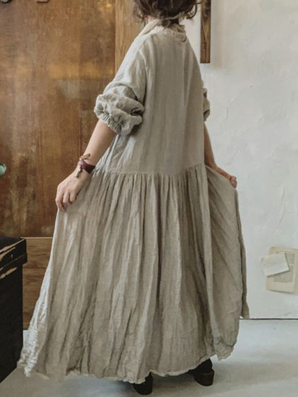 Vintage V Neck Balloon Sleeve Cotton Linen Midi Dresses