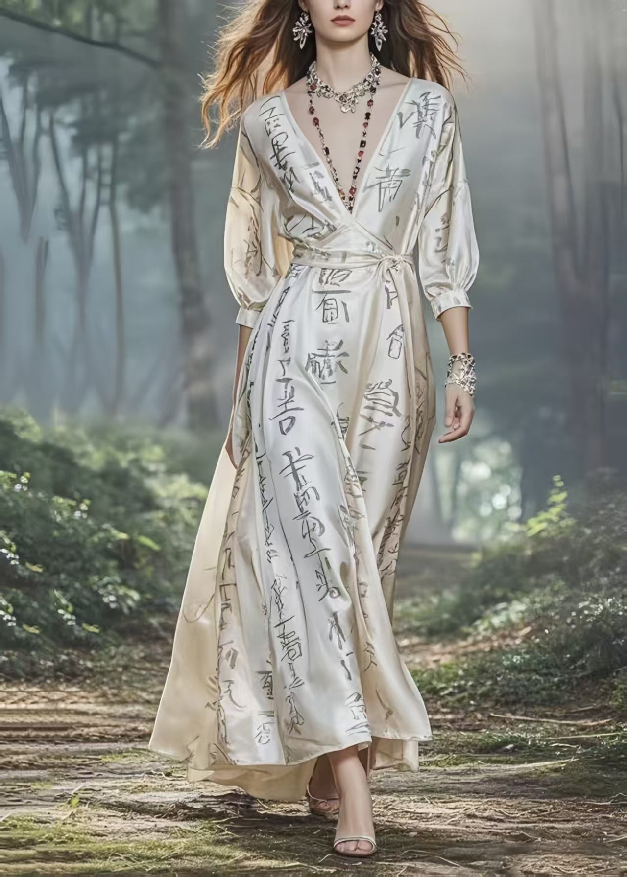 White Draping Silk Robe Dresses Cinched Exra Large Hem Bracelet Sleeve