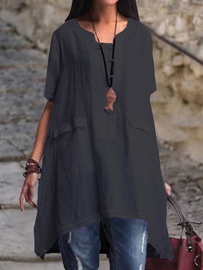 Solid Color Cotton And Linen Loose Mid-Length Shirt