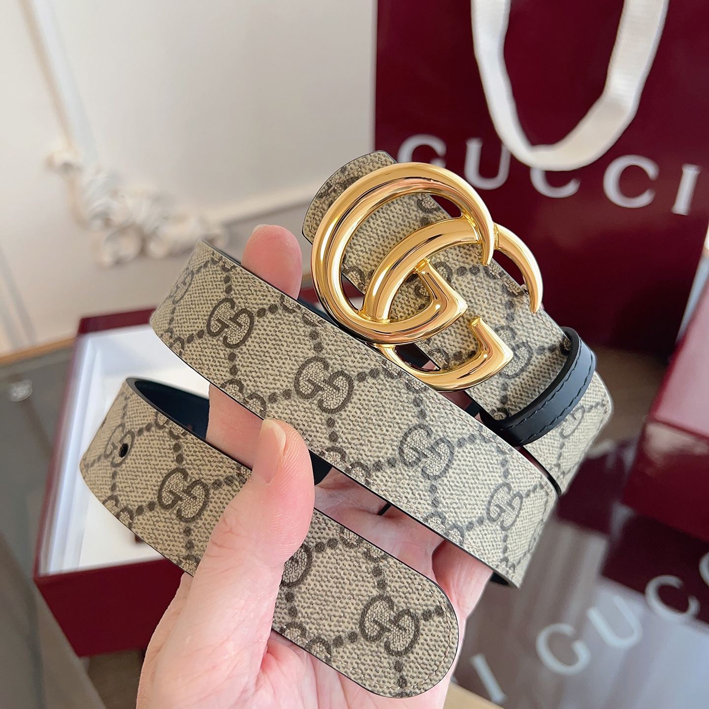 Gucci Double G steel buckle women's cowhide double-sided belt 3.0cm wide