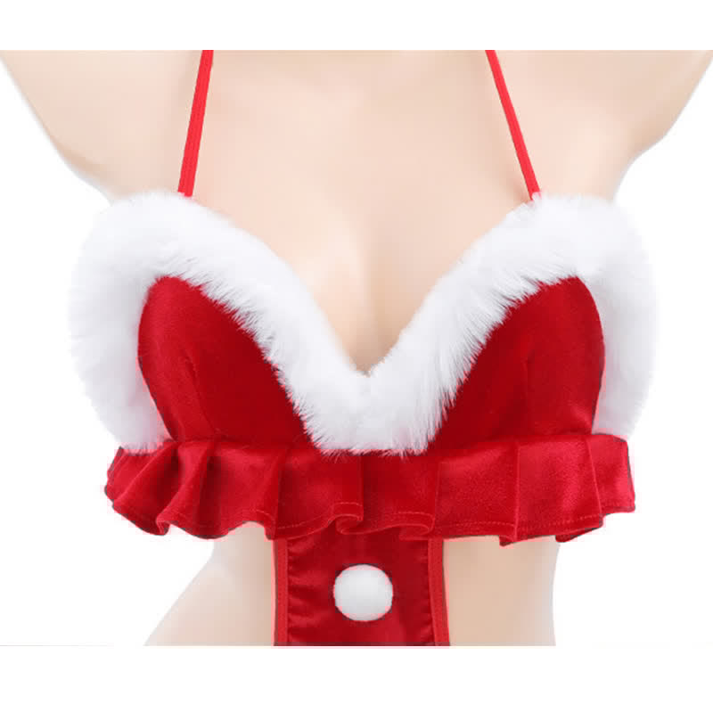 Christmas Hollow Out Bow Knot Velvet One-piece Lingerie Set