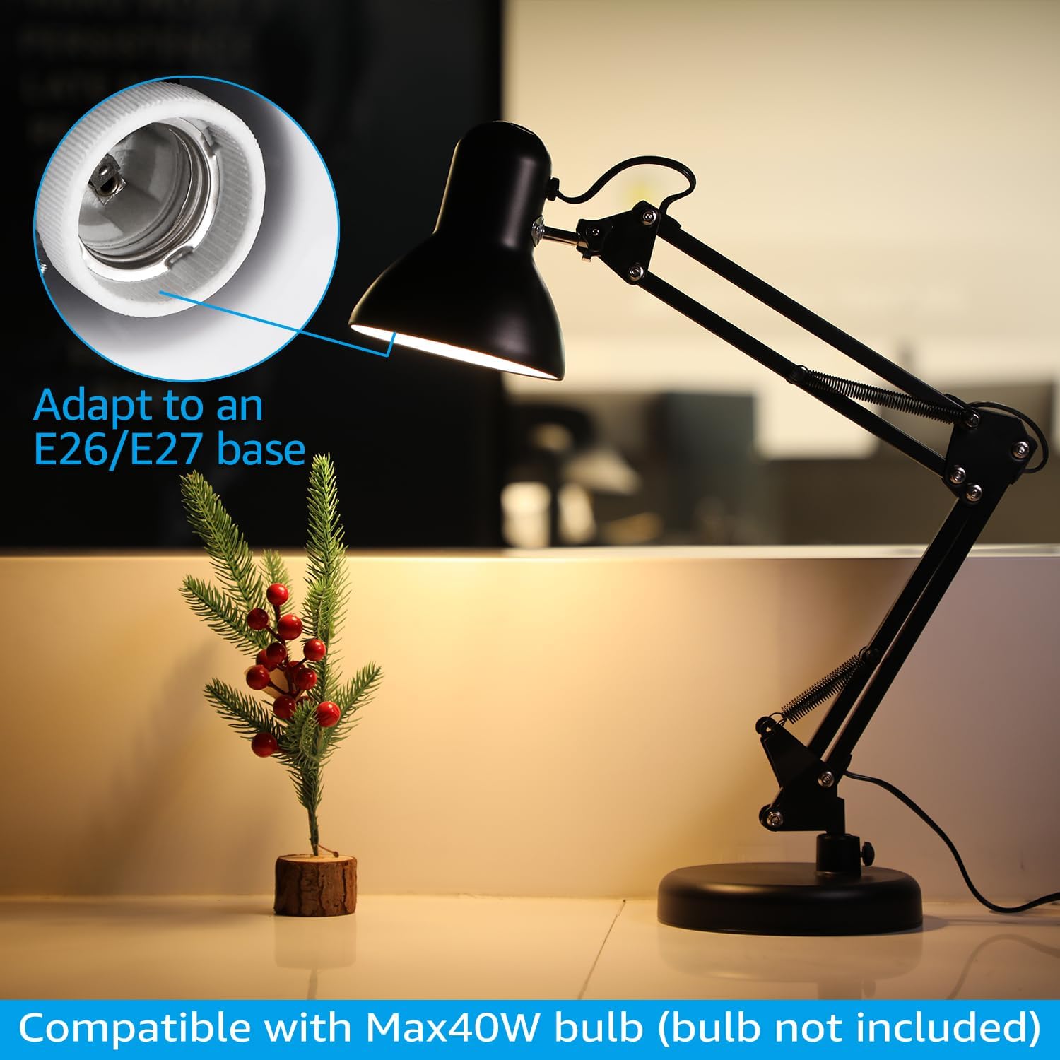 TORCHSTAR Metal Desk Lamp with Clamp, Swing Arm , Architect Adjustable Gooseneck Table Lamp, Clip Desk Lights for Home Office, Work, Study, Reading, E26 Base, Multi-Joint, Black