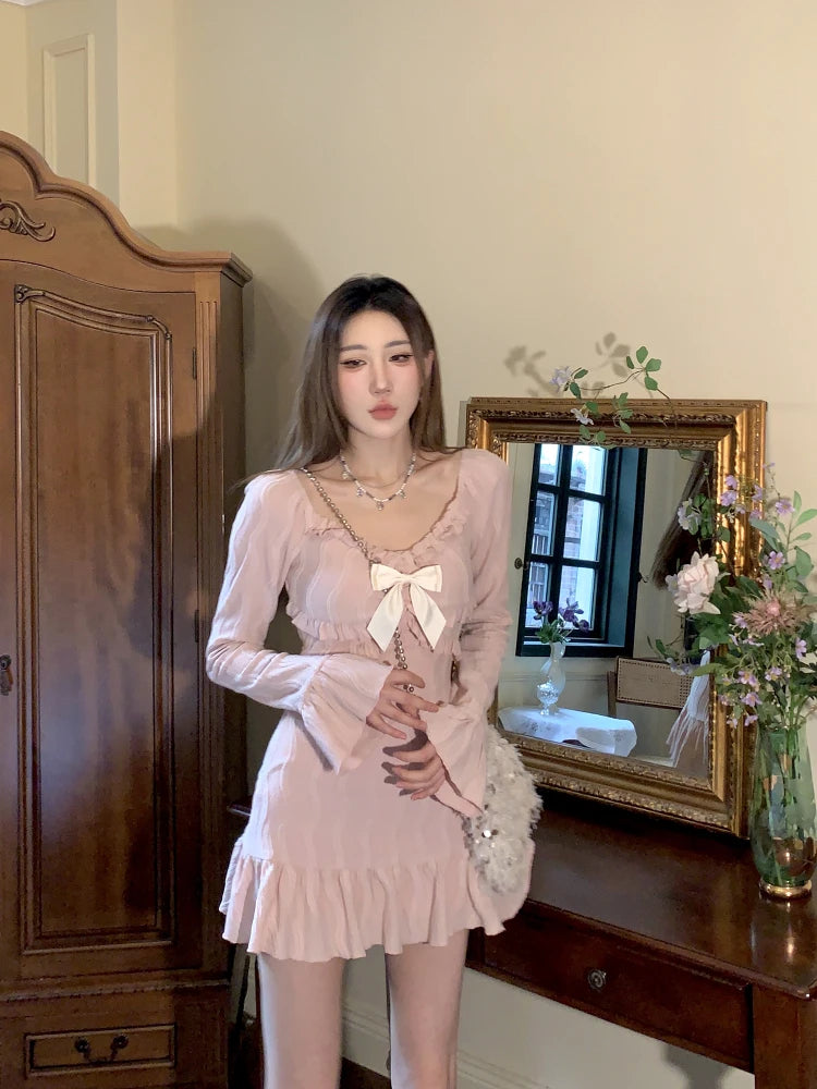Sweet Pink Flare Sleeve Bow Dress