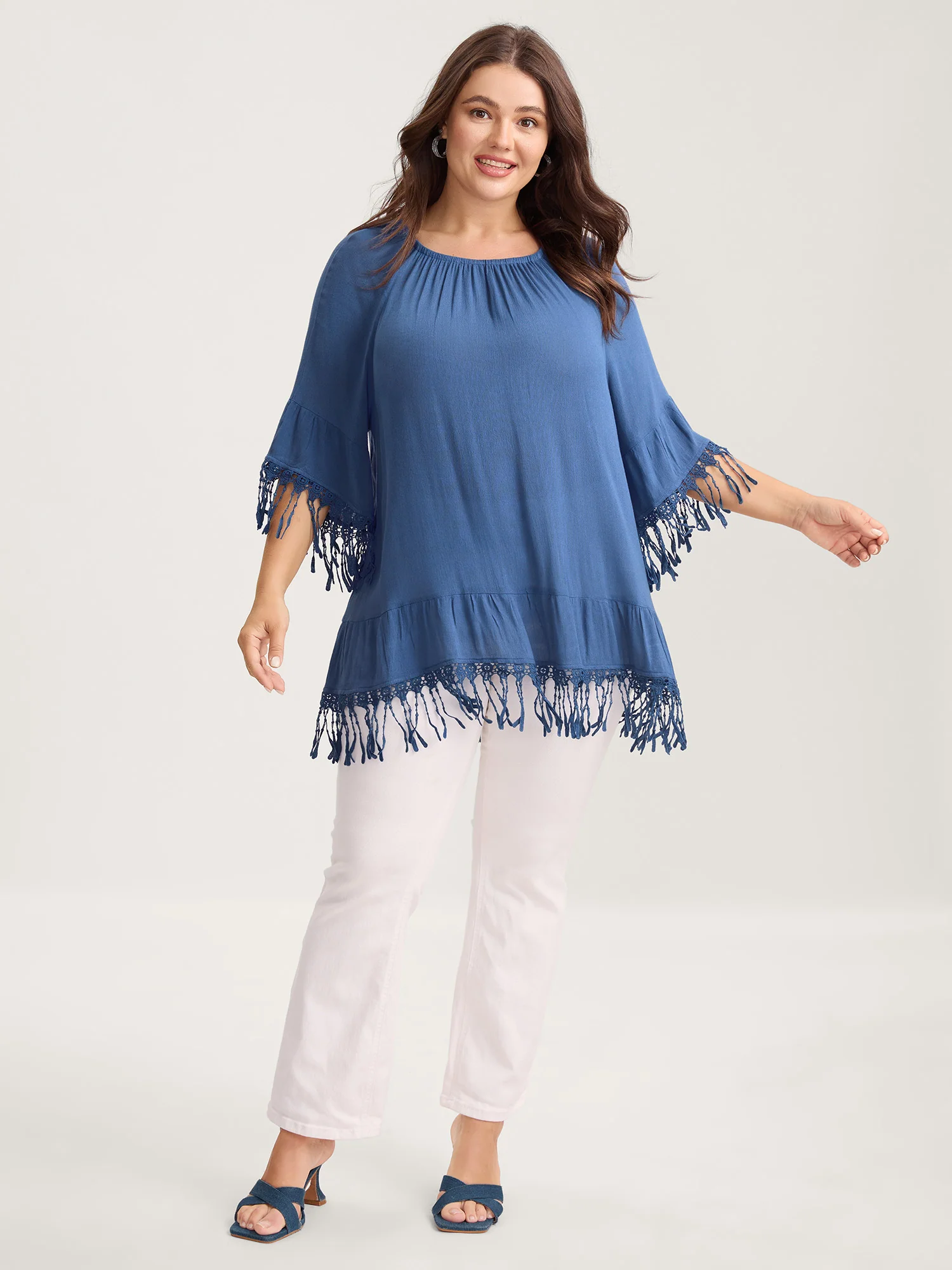 Rayon Lace Trim Solid Relaxed Blouse
