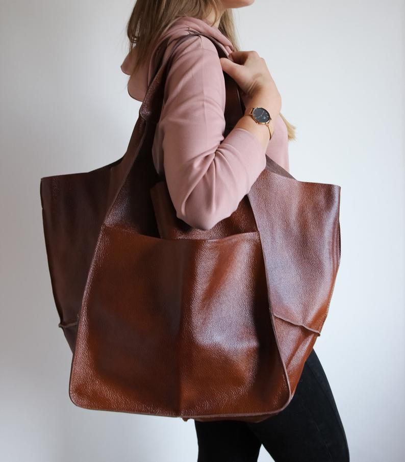 COGNAC LEATHER TOTE bag, Slouchy Tote, Cognac Handbag for Women, Every Day Bag, Women leather bag, Weekender Oversized bag