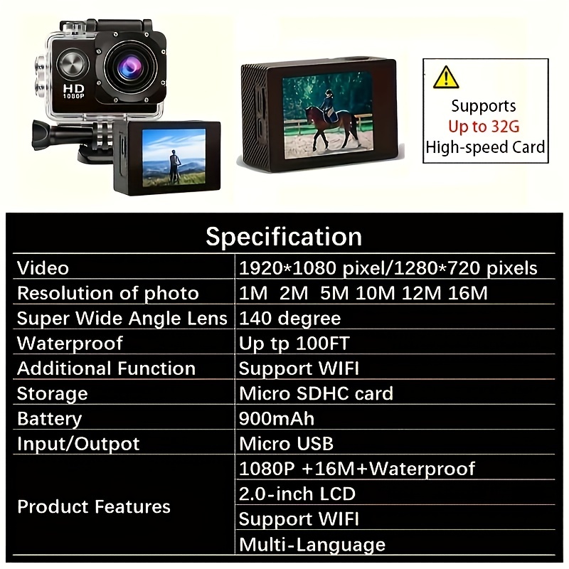 Action Camera (Built In 900 MA Battery) Action Camera Ultra HD Underwater Camera 140 Degree Wide-angle Lens 1181.1 Inch Waterproof Action Camera WIFI Camera For Thanksgiving Christmas (two Options: With Card And Without Card)