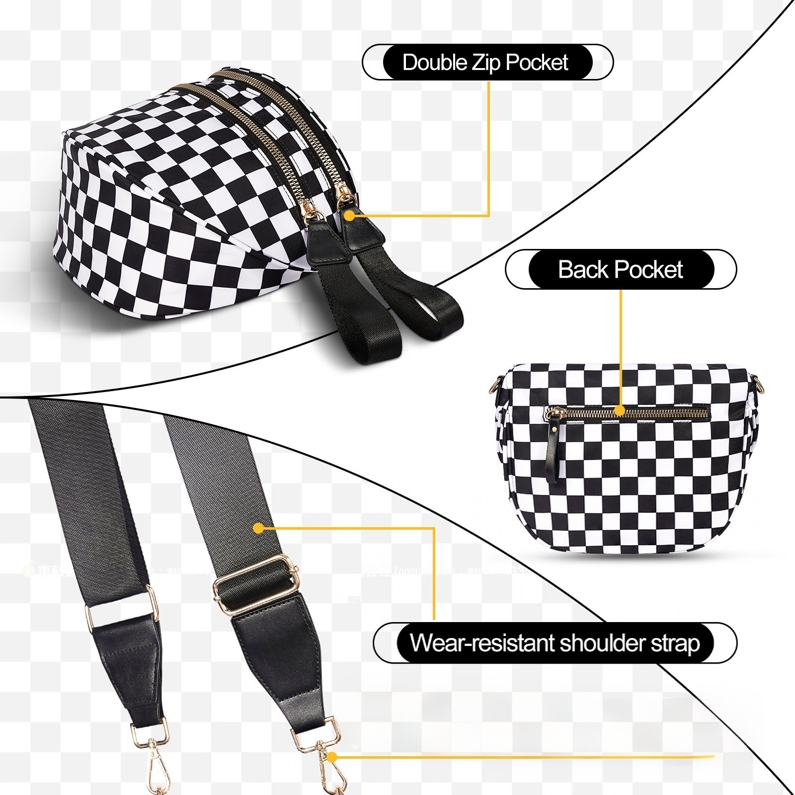 💥ON SALE💥Black and White Checkered Crossbody Nylon Bum Bag Plus Size Friendly Fanny Pack
