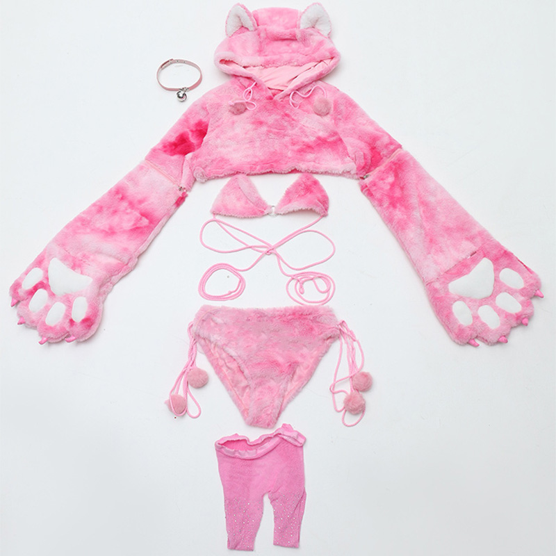 Cosplay Cartoon Kitty Paw Hooded Plush Lingerie Set