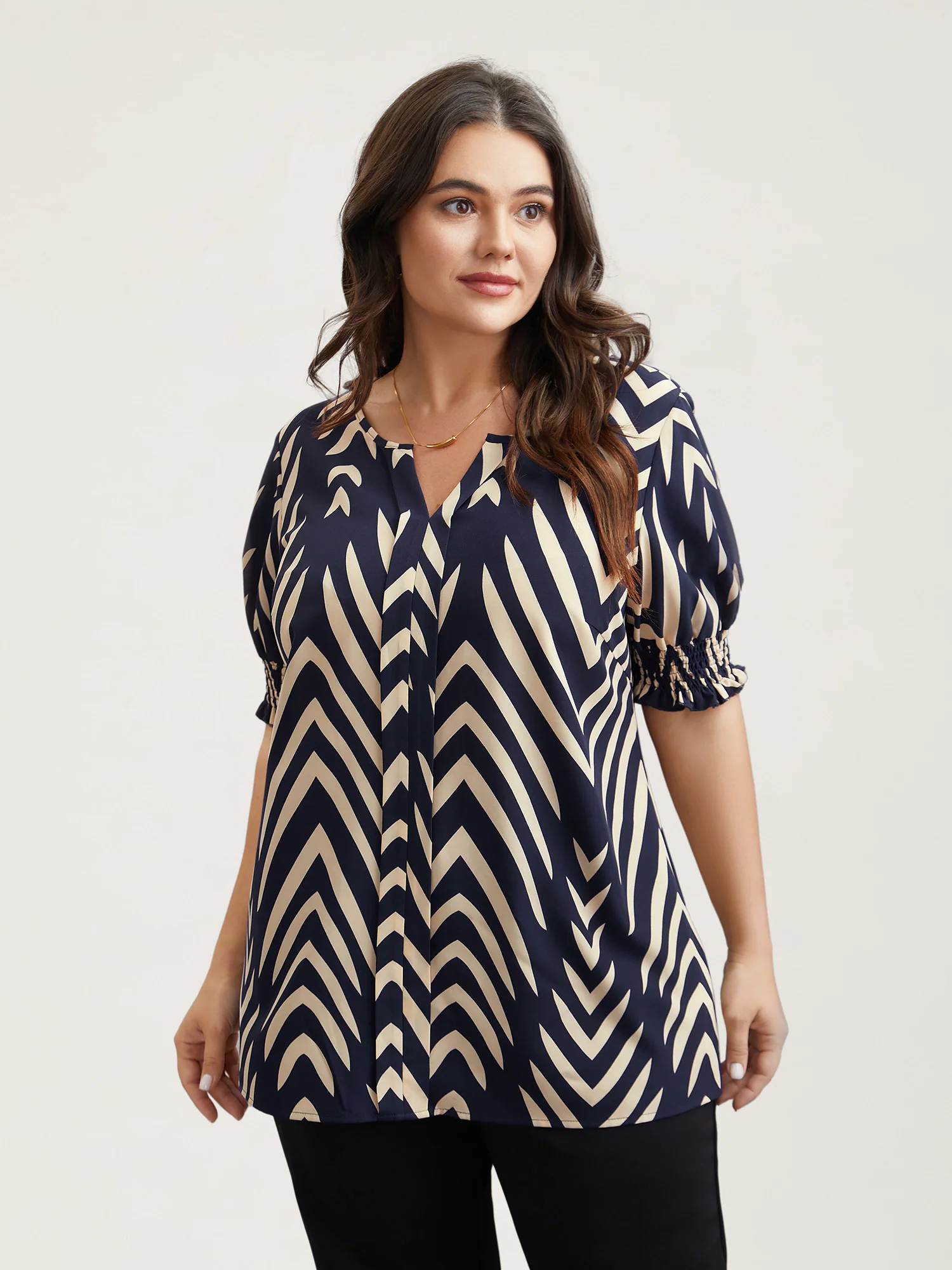 Geometric Print Ruffled Shirred Shirt