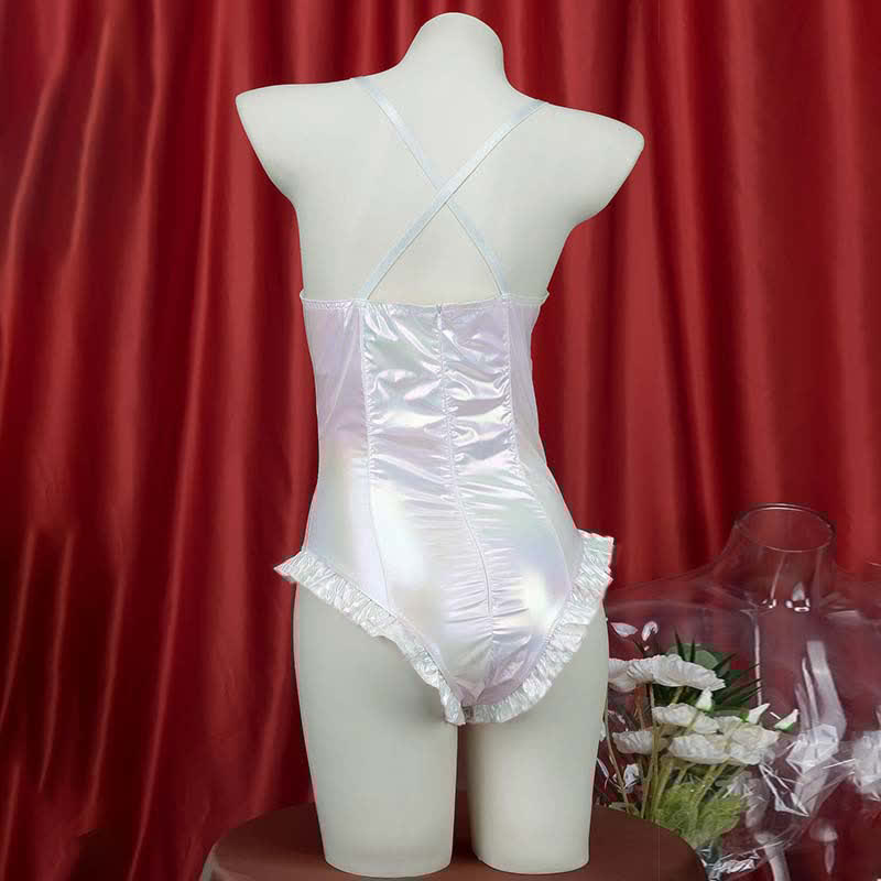 Sexy Hollow Out Bow PU Jumpsuit Lingerie Set
