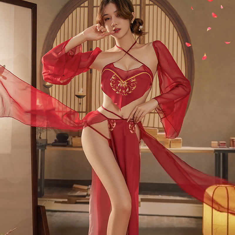 Han Costume Vintage Print See Through Split Sexy Lingerie Set