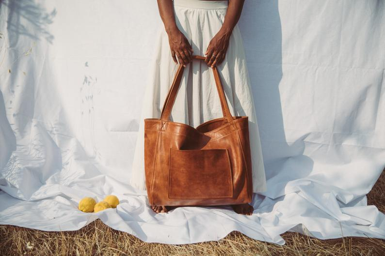 Women's Large Soft Leather Tote Bag With Pocket